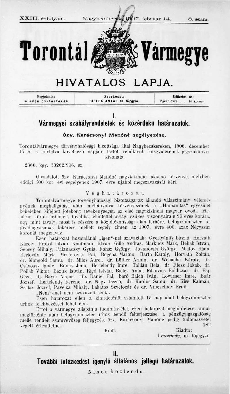 Torontál Vármegye Hivatalos Lapja, 23. évf. 1907. február 14. 8. sz.