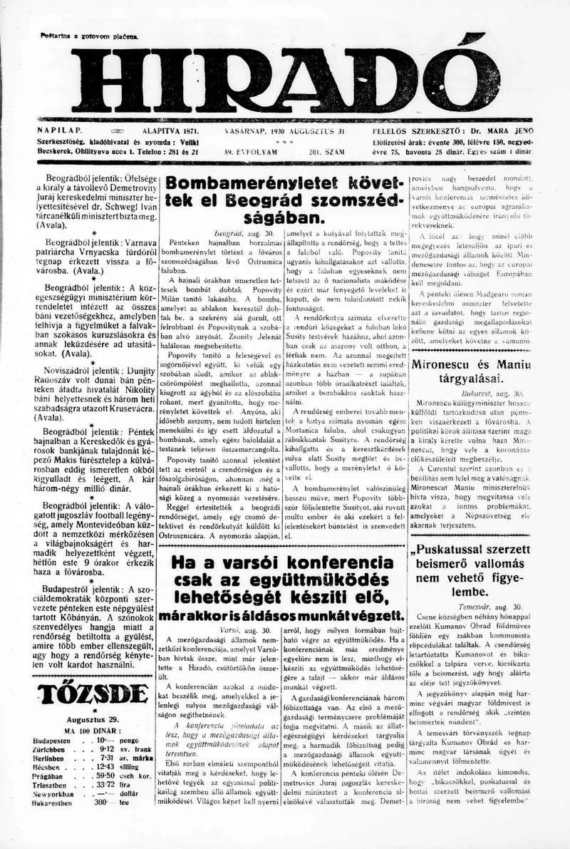 Híradó, 59. évf. 1930. augusztus 31. 201. sz.