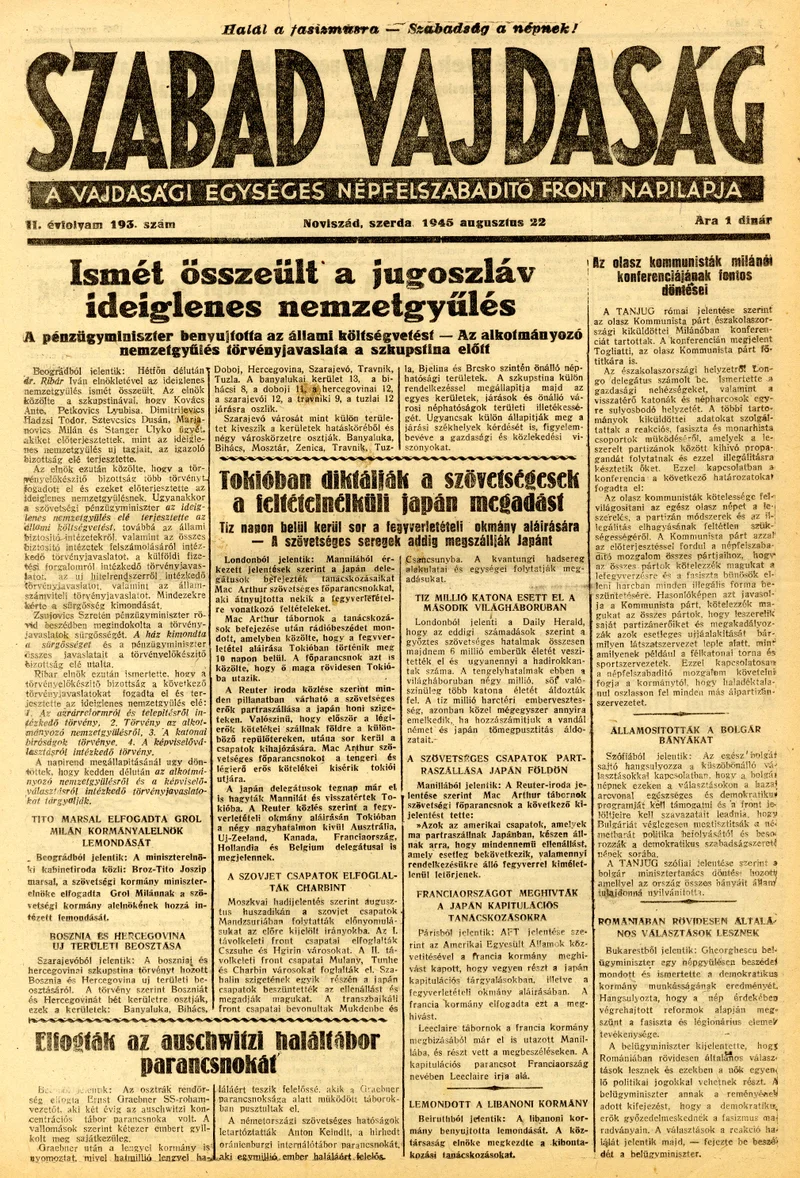 Szabad Vajdaság, 2. évf. 1945. augusztus 22. 193. sz.