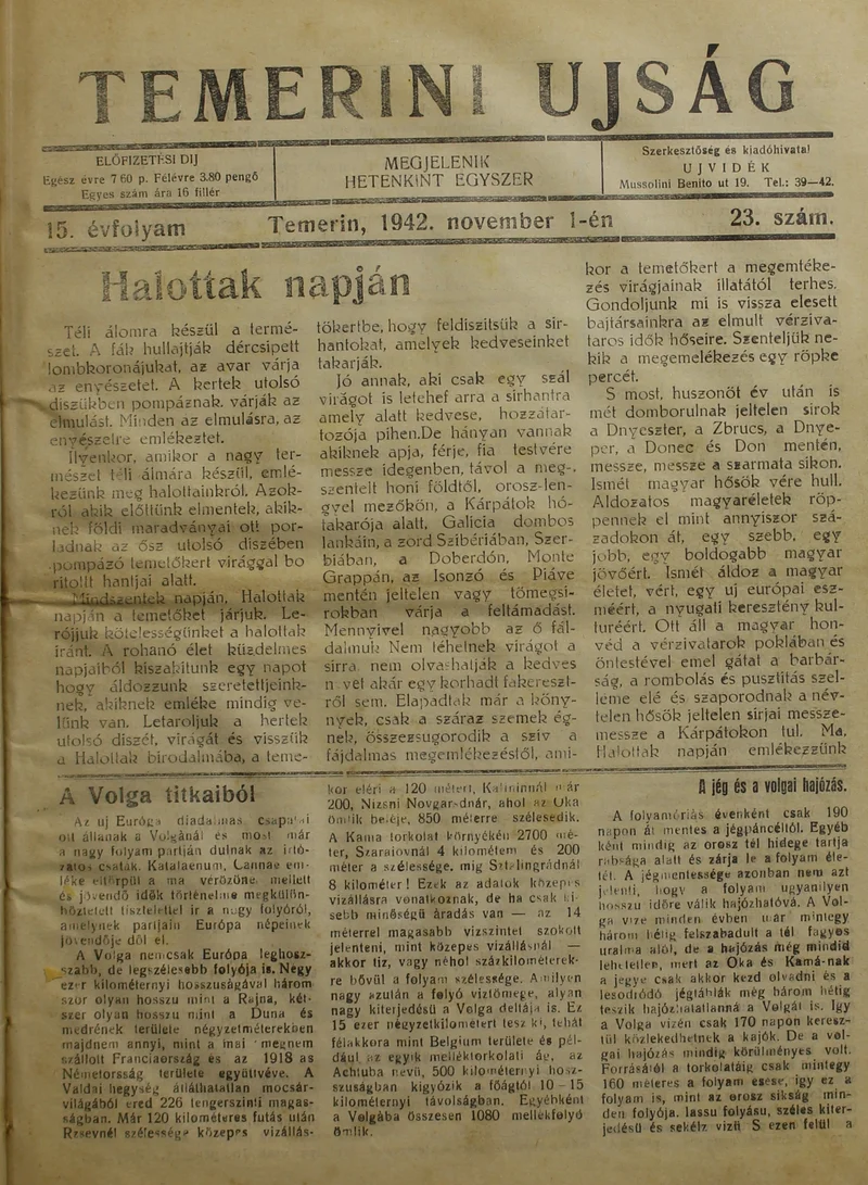 Temerini Újság 1928-1944, 15. évf. 1942. november 1. 23. sz.