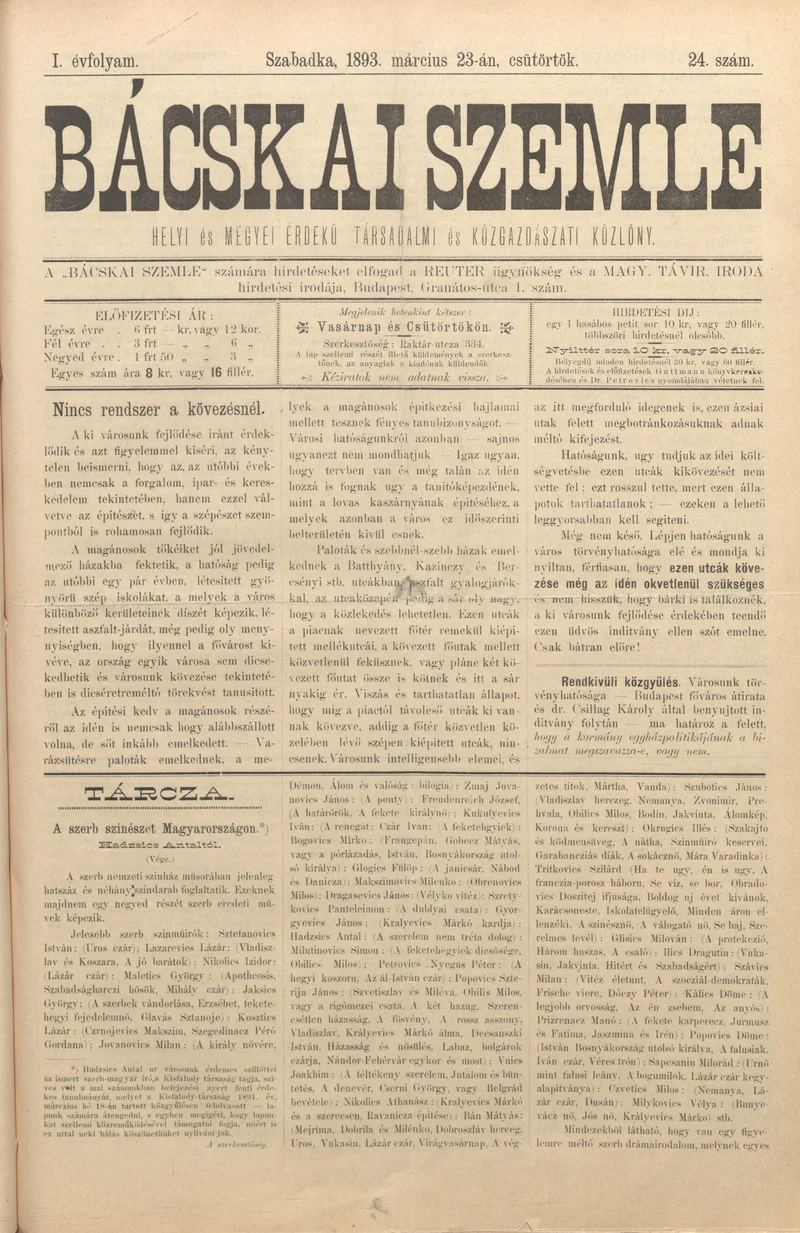 Bácskai Szemle, 1. évf. 1893. március 23. 24. sz.