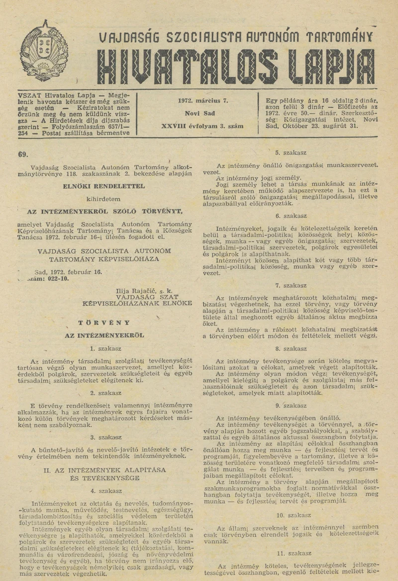 Vajdaság Szocialista Autonóm Tartomány Hivatalos Lapja, 28. évf. 1972. március 7. 3. sz. 49–60. oldal