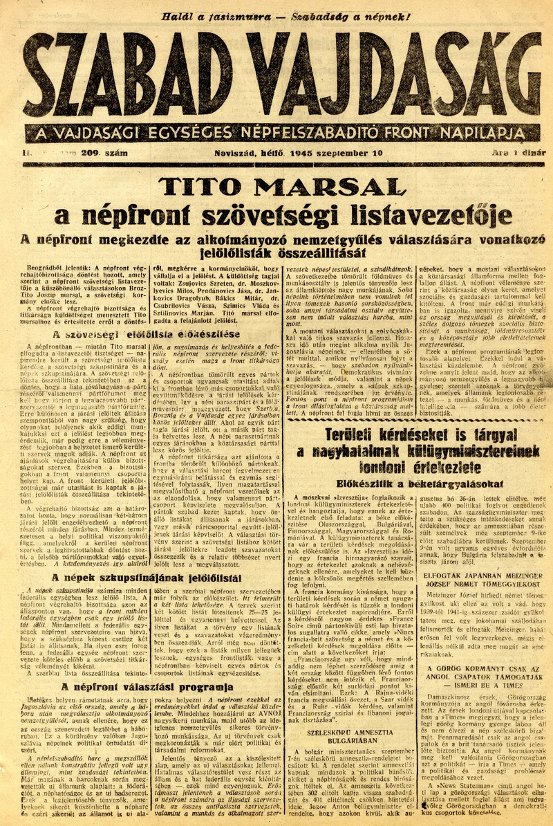 Szabad Vajdaság, 2. évf. 1945. szeptember 10. 209. sz.