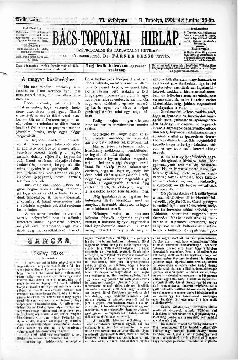 Bács-Topolyai Hirlap, 6. évf. 1901. június 23. 25. sz.
