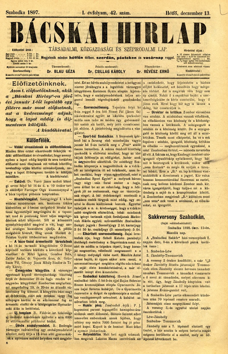 Bácskai Hirlap, 1. évf. 1897. december 13. 42. sz. 1–2. oldal