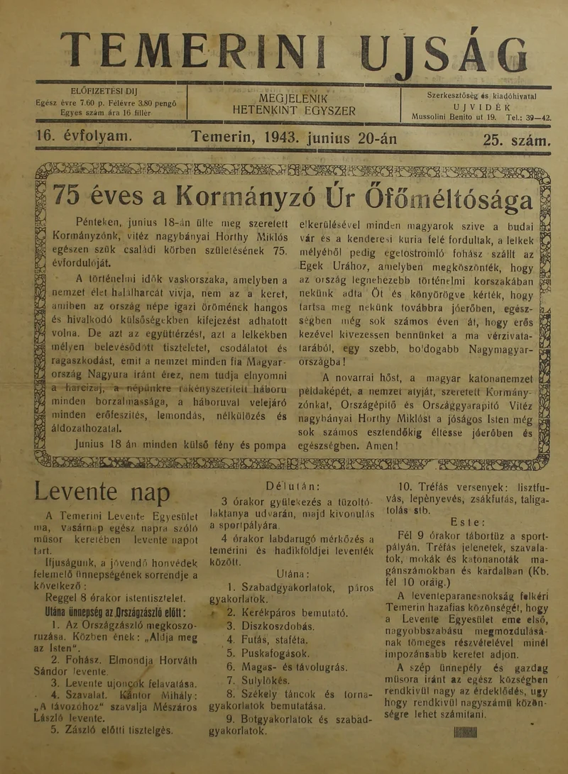 Temerini Újság 1928-1944, 16. évf. 1943. június 20. 25. sz.