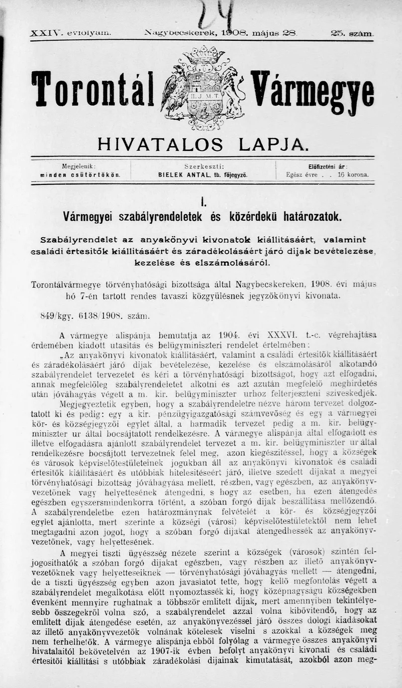 Torontál Vármegye Hivatalos Lapja, 24. évf. 1908. május 28. 25. sz.