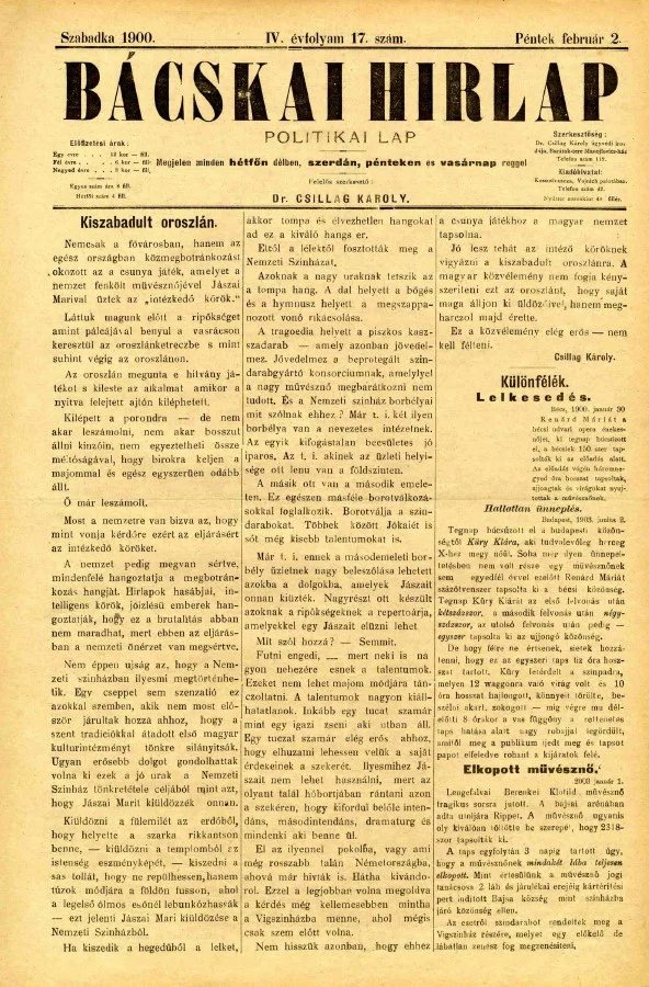 Bácskai Hirlap, 4. évf. 1900. február 2. 17. sz.