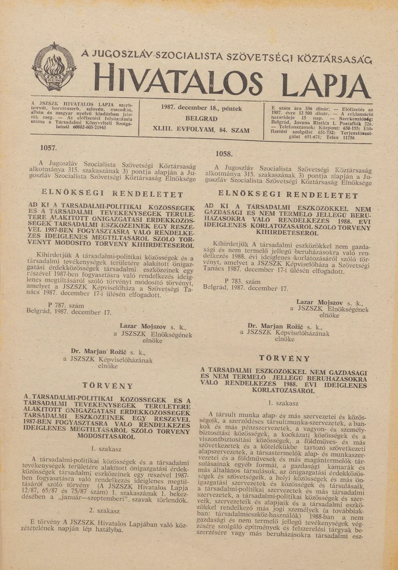 A Jugoszláv Szocialista Szövetségi Köztársaság Hivatalos Lapja, 43. évf. 1987. december 18. 84. sz. 2273–2296. oldal