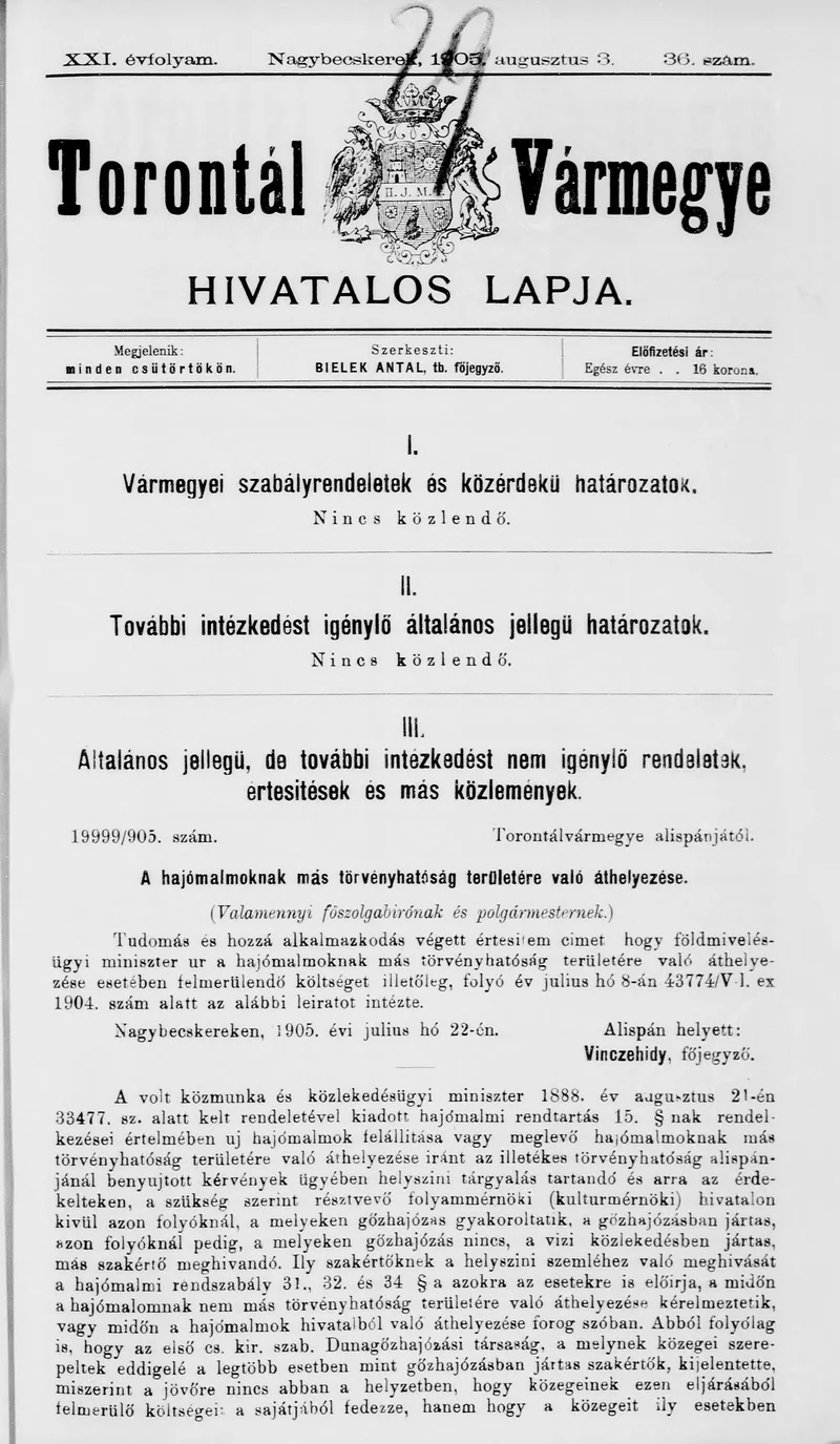 Torontál Vármegye Hivatalos Lapja, 21. évf. 1905. augusztus 3. 36. sz.
