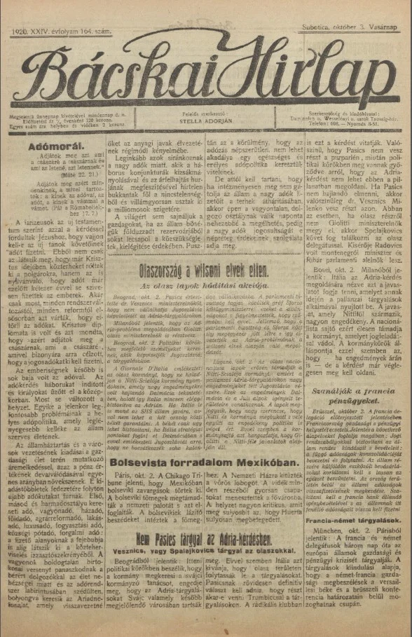 Bácskai Hirlap, 24. évf. 1920. október 3. 164. sz.