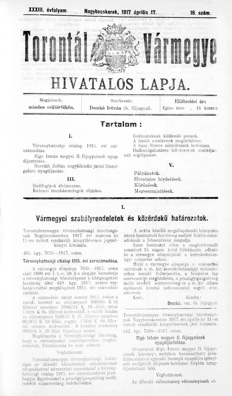 Torontál Vármegye Hivatalos Lapja, 33. évf. 1917. április 17. 16. sz.