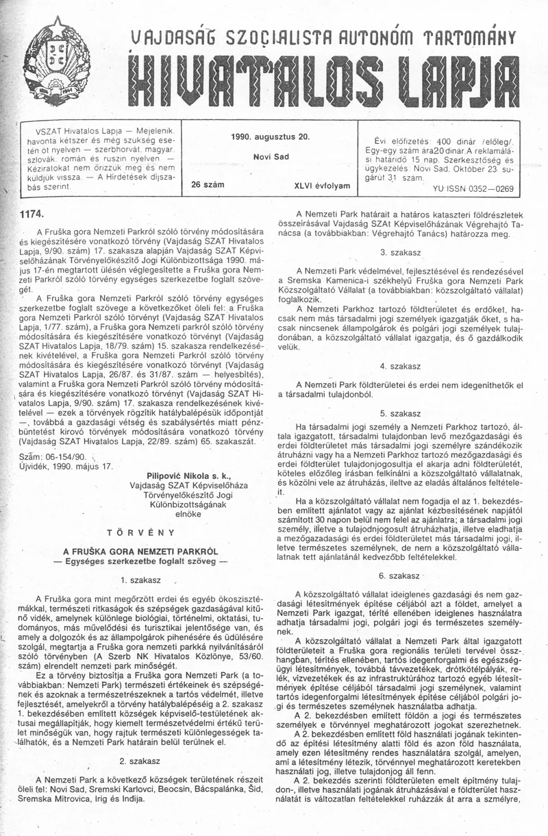 Vajdaság Szocialista Autonóm Tartomány Hivatalos Lapja, 46. évf. 1990. augusztus 20. 26. sz.