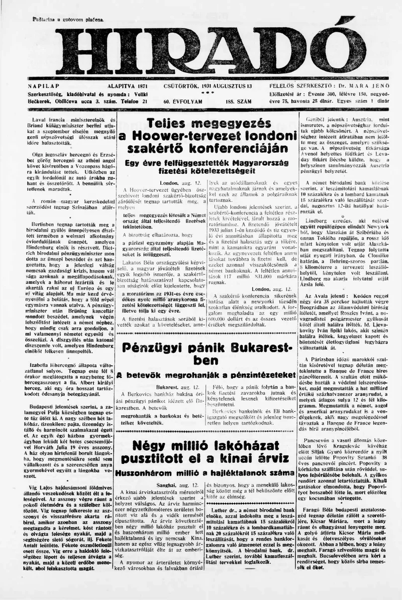 Híradó, 60. évf. 1931. augusztus 13. 185. sz.