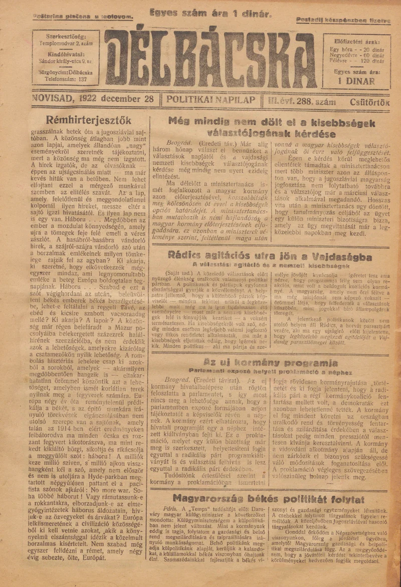 Délbácska, 3. évf. 1922. december 28. 288. sz.