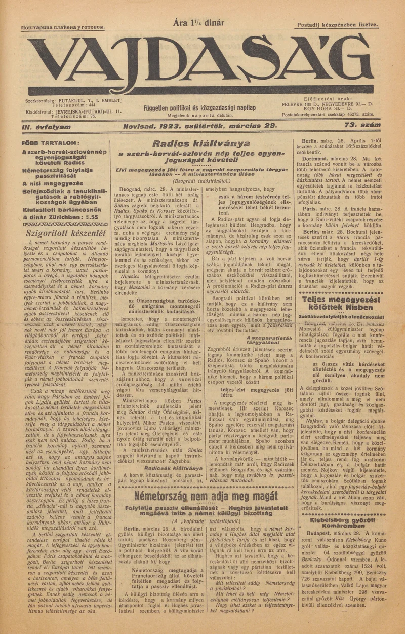 Vajdaság, 3. évf. 1923. március 29. 73. sz.