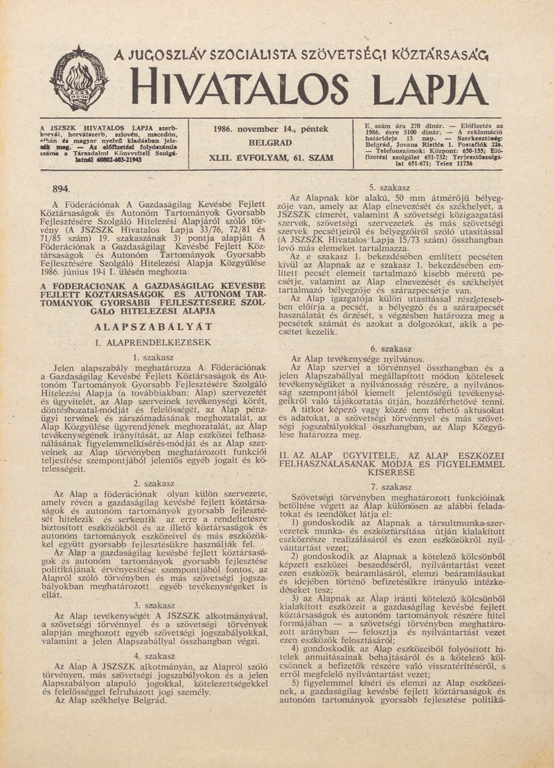 A Jugoszláv Szocialista Szövetségi Köztársaság Hivatalos Lapja, 42. évf. 1986. november 14. 61. sz. 1761–1796. oldal