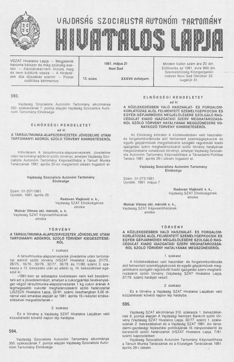 Vajdaság Szocialista Autonóm Tartomány Hivatalos Lapja, 37. évf. 1981. május 21. 13. sz.