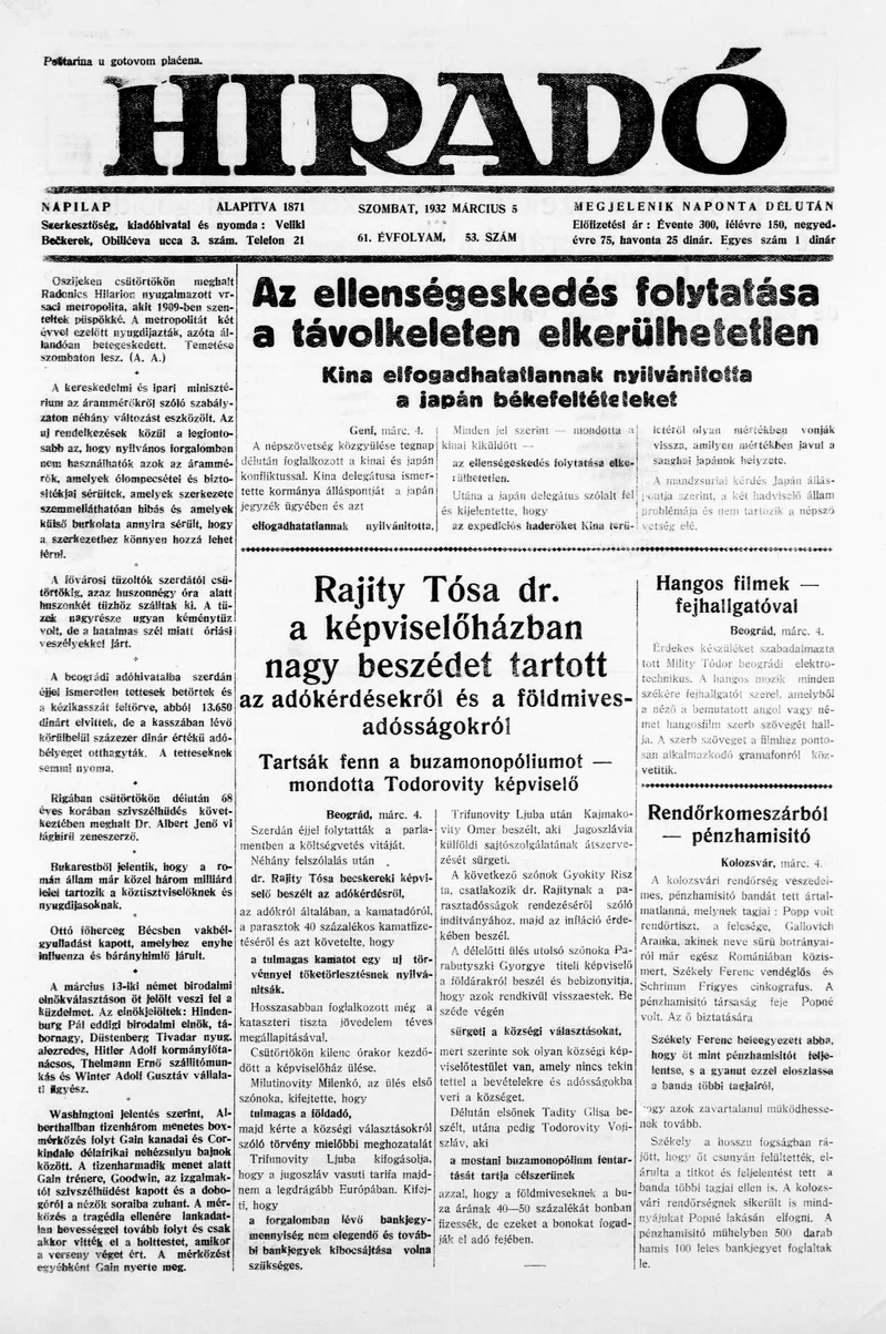 Híradó, 61. évf. 1932. március 5. 53. sz.