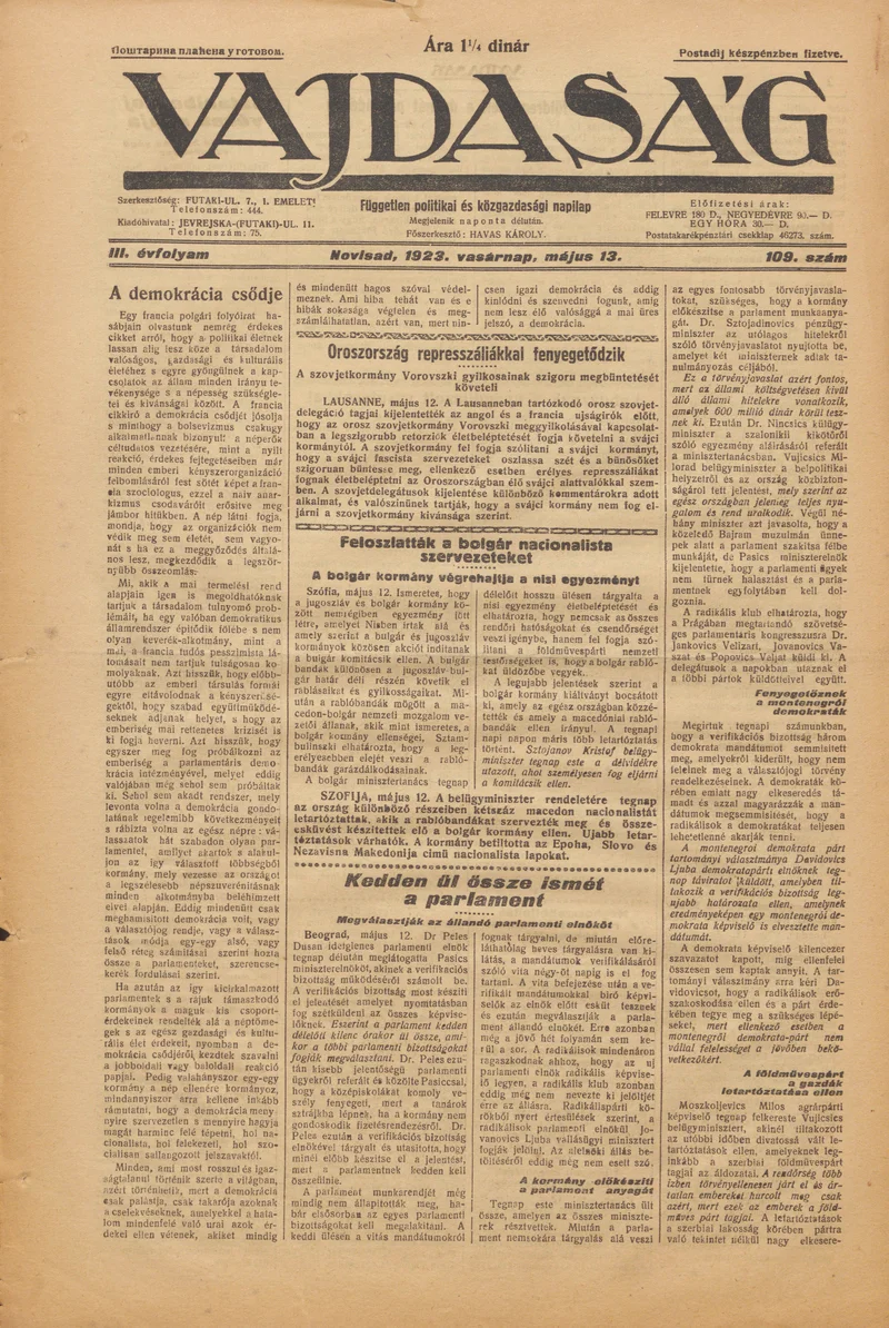 Vajdaság, 3. évf. 1923. május 13. 109. sz.