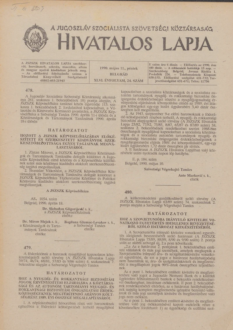 A Jugoszláv Szocialista Szövetségi Köztársaság Hivatalos Lapja, 46. évf. 1990. május 11. 24. sz. 905–928. oldal