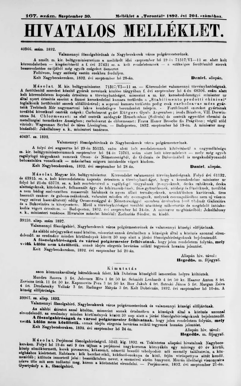 A Totontál  hivatalos melléklete, 5. évf. 1892. szeptember 30. 167. sz.