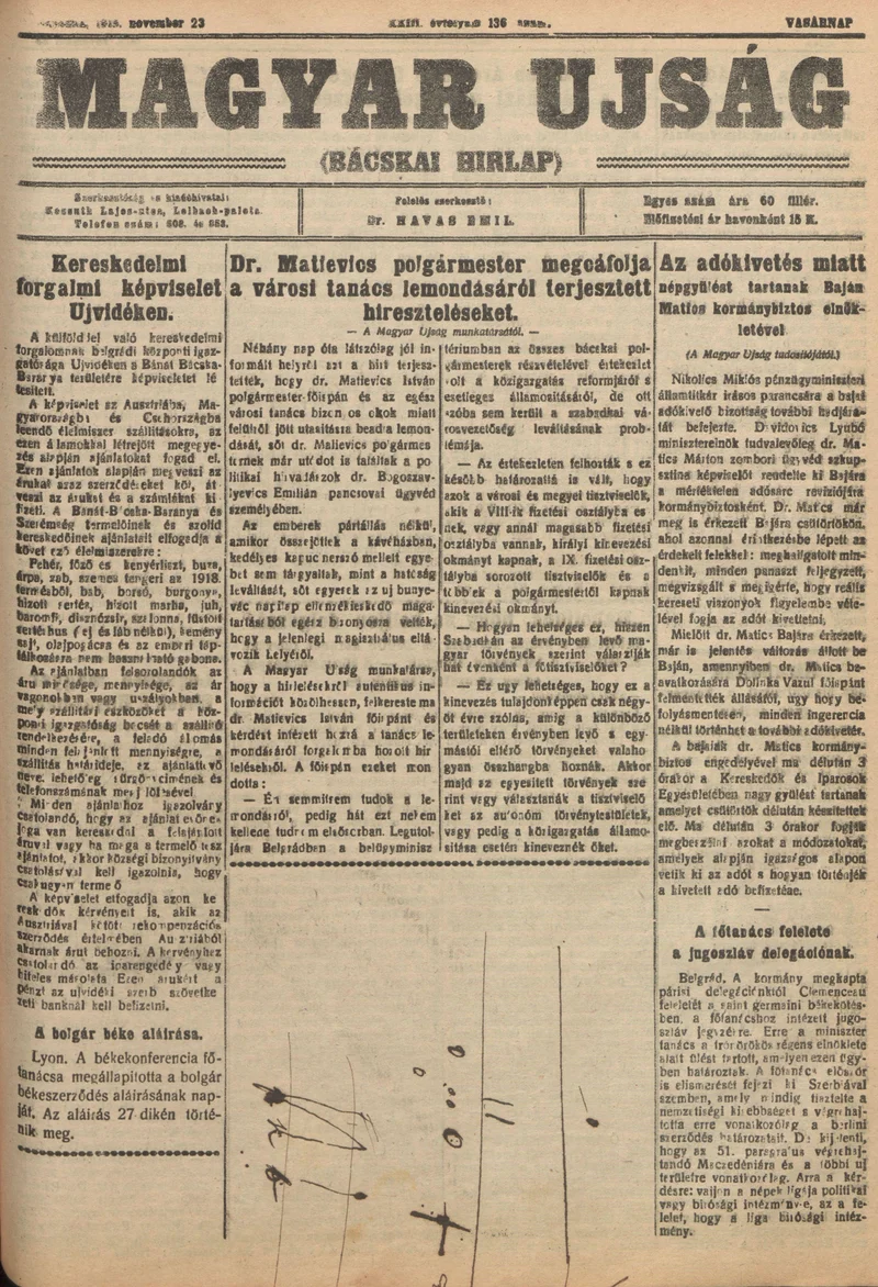 Bácskai Hirlap, 23. évf. 1919. november 23. 136. sz.