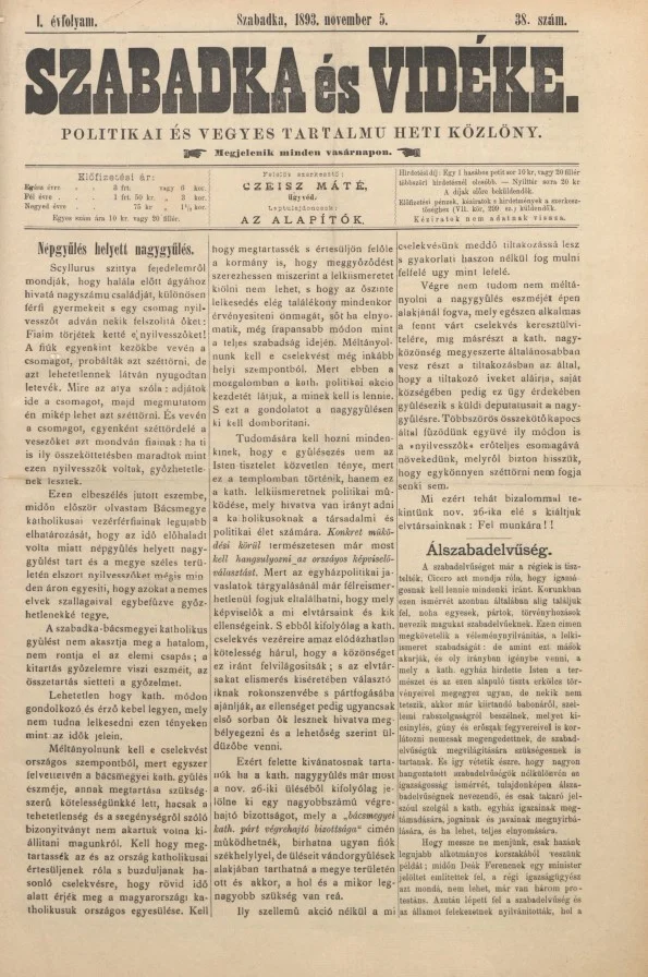 Szabadka és vidéke II, 1. évf. 1893. november 5. 38. sz.