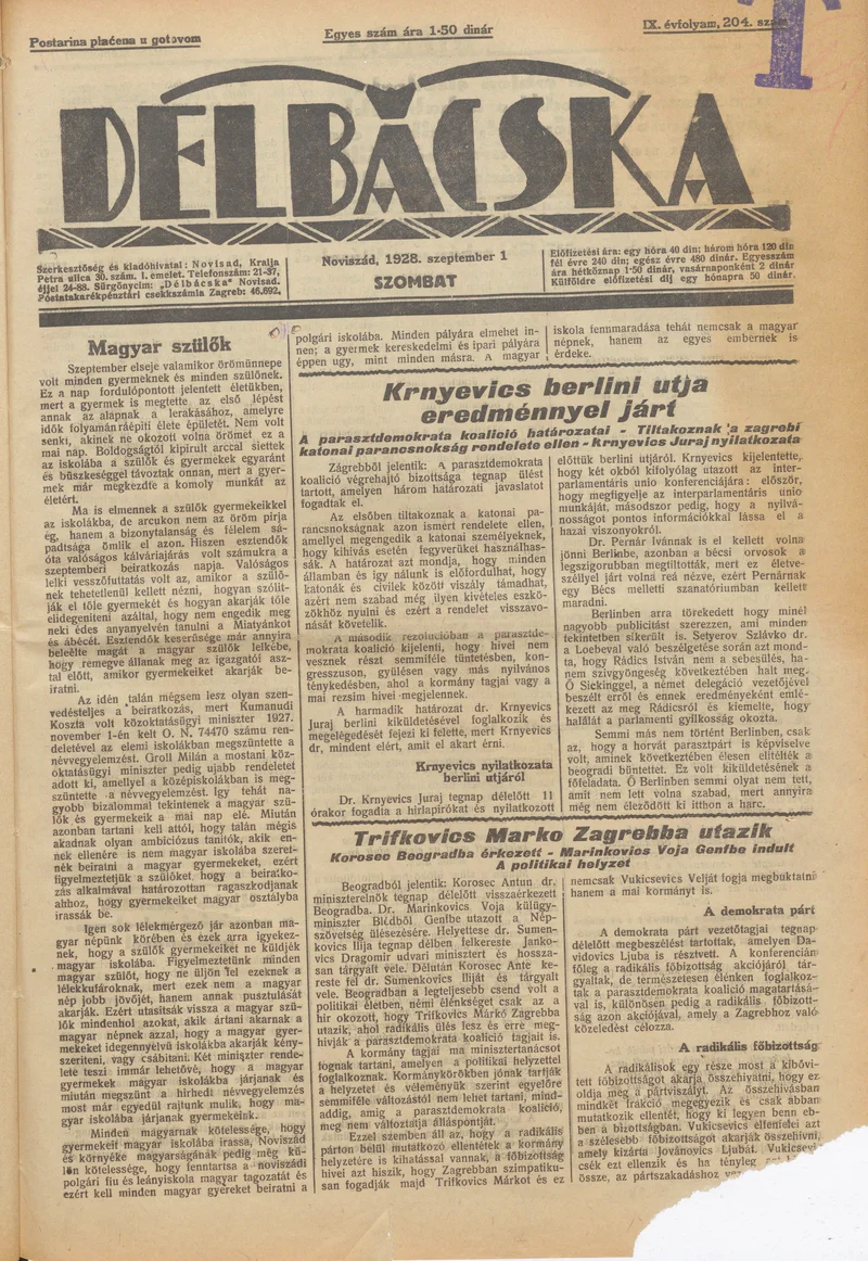 Délbácska, 9. évf. 1928. szeptember 1. 204. sz.