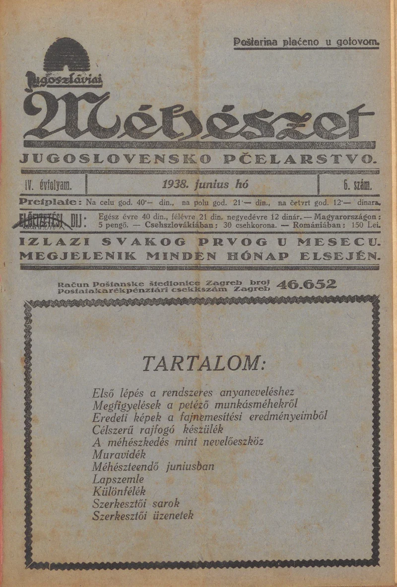 Jugoszláviai méhészet, 4. évf. 1938. június 1. 6. sz.