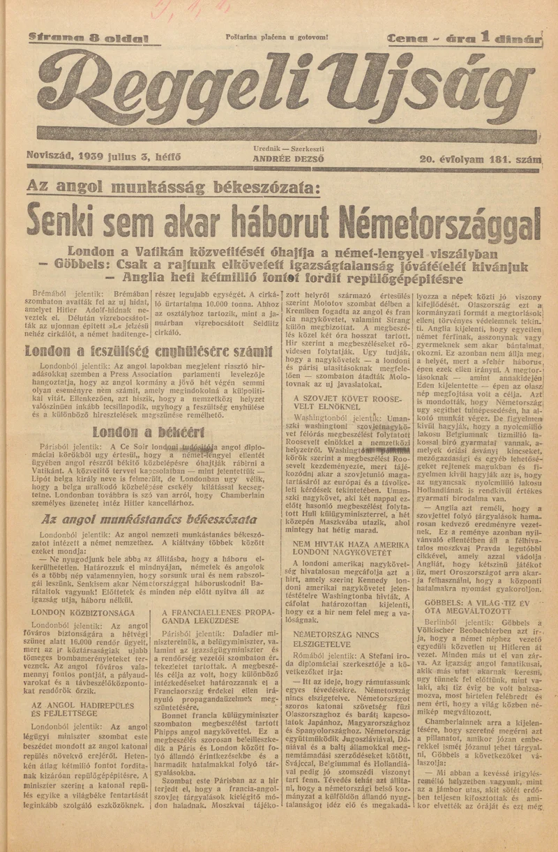 Reggeli Újság, 20. évf. 1939. július 3. 181. sz.
