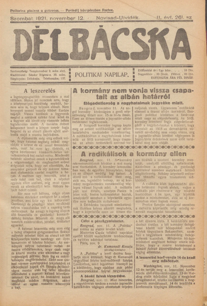 Délbácska, 2. évf. 1921. november 12. 261. sz.