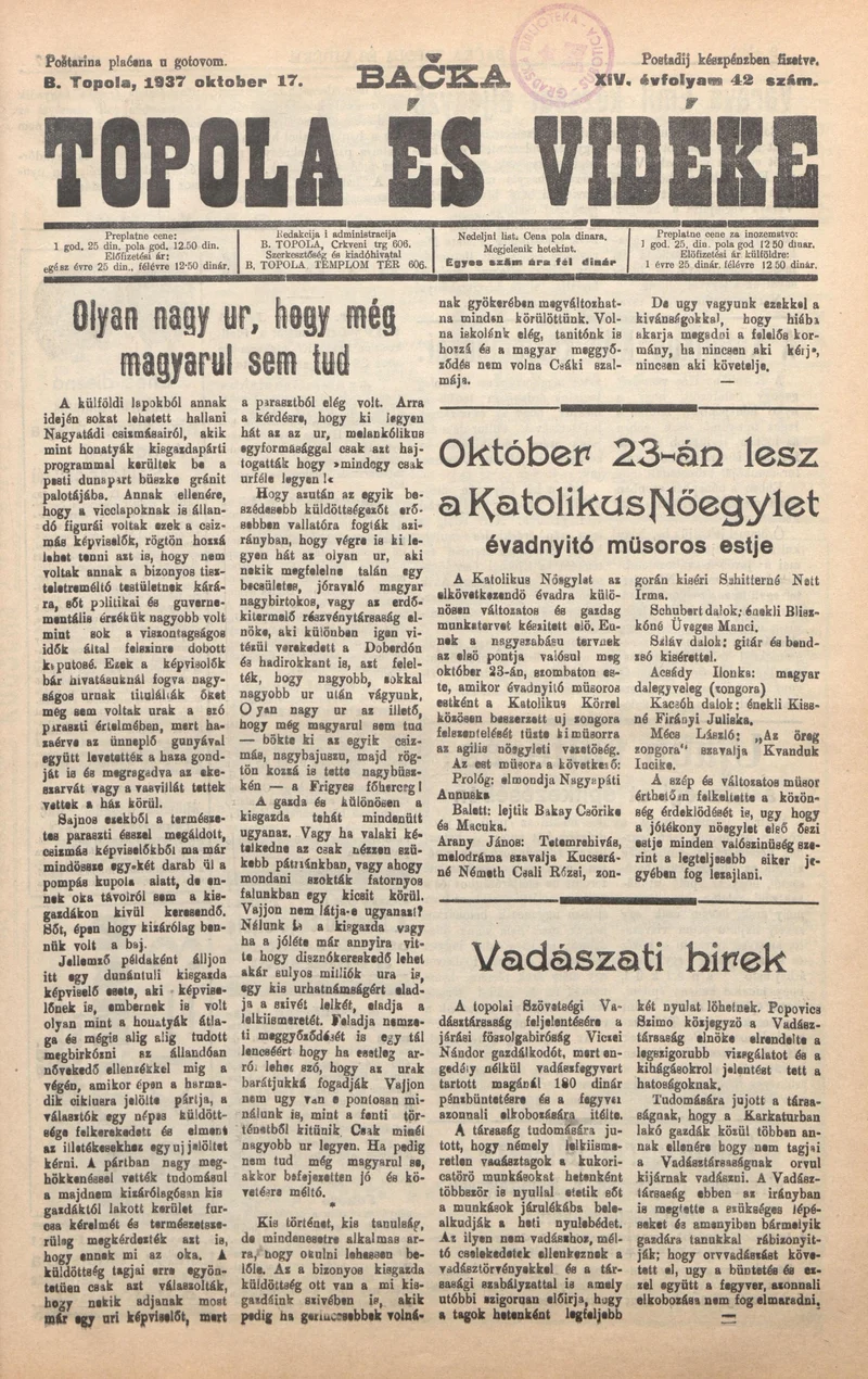 Bačka Topola és Vidéke, 14. évf. 1937. október 17. 42. sz.