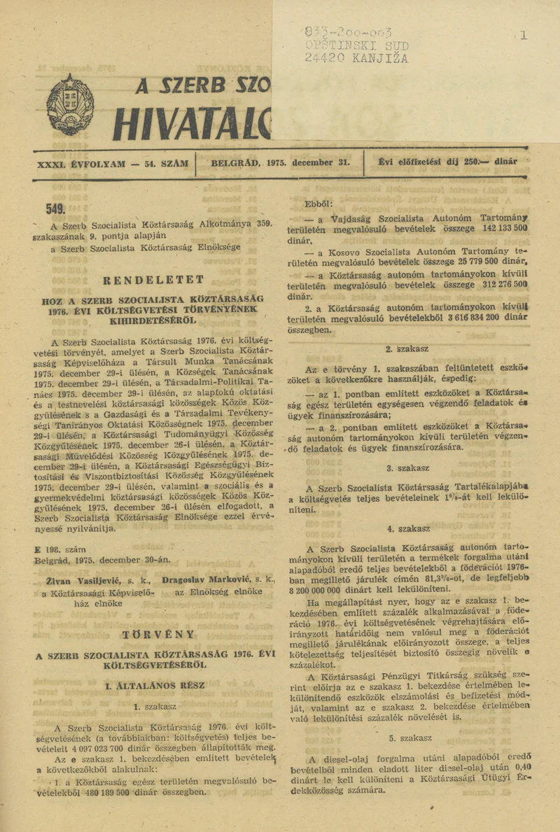 A Szerb Szocialista Köztársaság Hivatalos Közlönye, 31. évf. 1975. december 31. 54. sz. 1281–1320. oldal