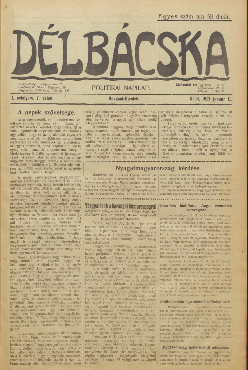 Délbácska, 2. évf. 1921. január 11. 7. sz.
