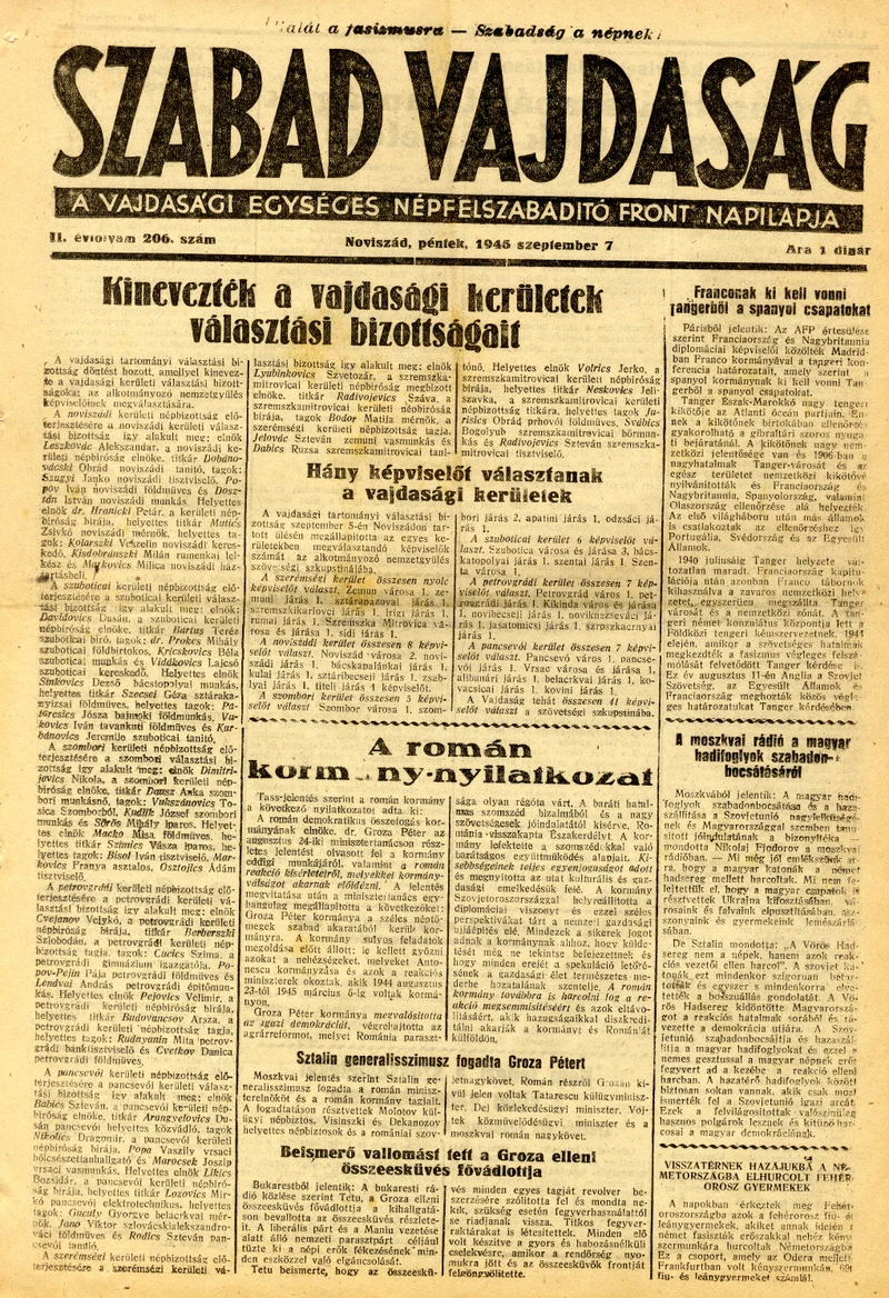 Szabad Vajdaság, 2. évf. 1945. szeptember 7. 206. sz.