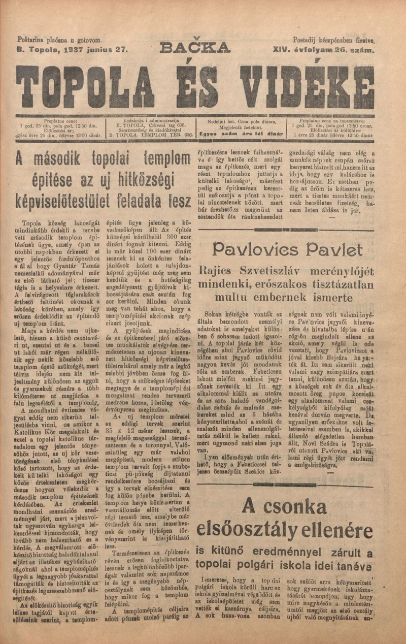 Bačka Topola és Vidéke, 14. évf. 1937. június 27. 26. sz.
