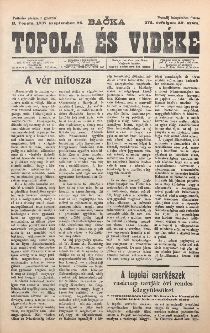 Bačka Topola és Vidéke, 14. évf. 1937. szeptember 26. 39. sz.