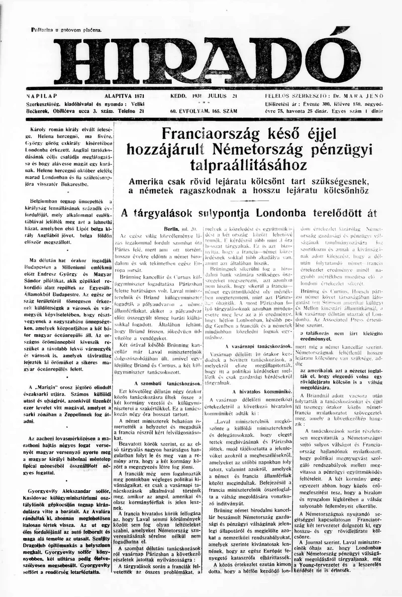 Híradó, 60. évf. 1931. július 21. 165. sz.