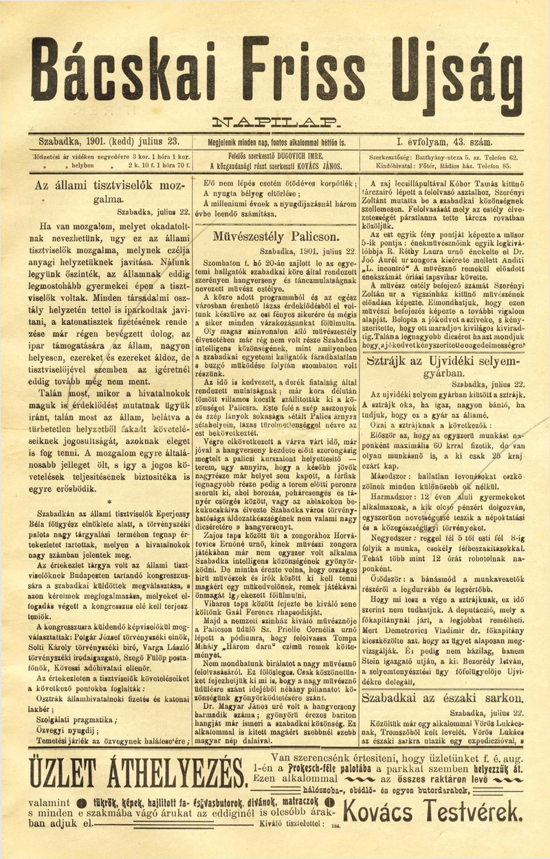 Bácskai Friss Ujság, 1. évf. 1901. július 23. 43. sz.