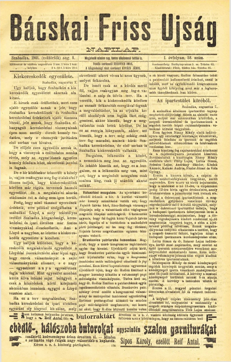 Bácskai Friss Ujság, 1. évf. 1901. augusztus 8. 58. sz.