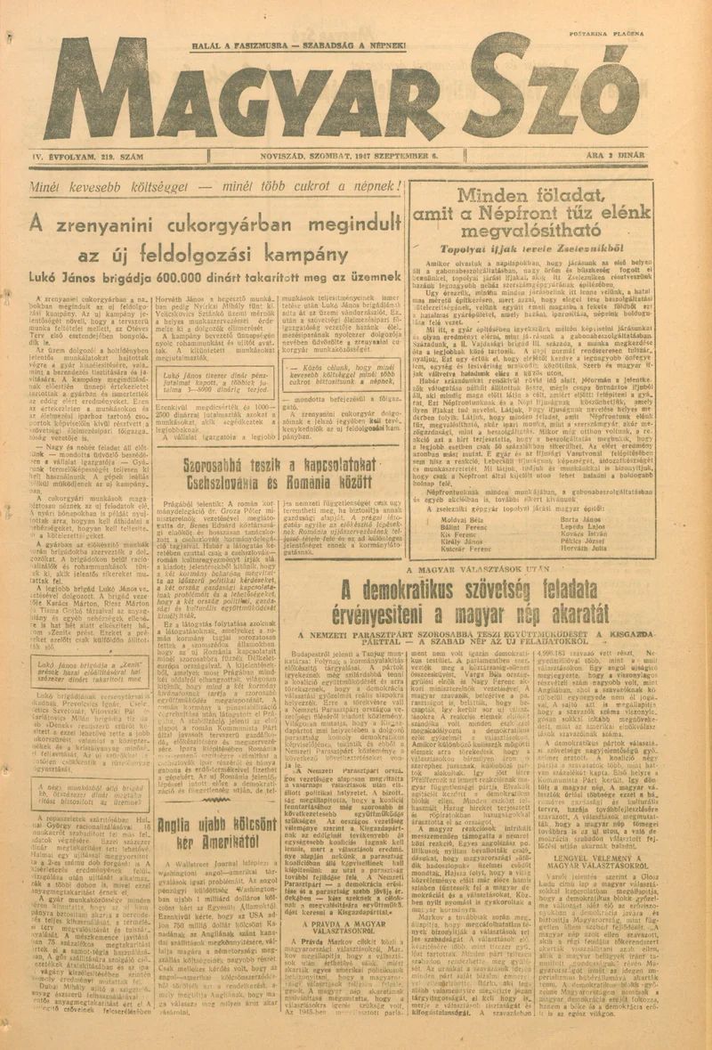 Magyar Szó, 4. évf. 1947. szeptember 6. 219. sz. 1–6. oldal