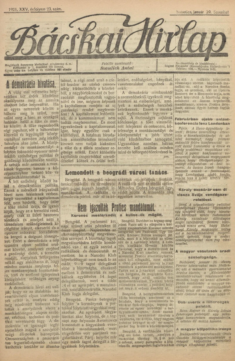 Bácskai Hirlap, 25. évf. 1921. január 29. 23. sz.