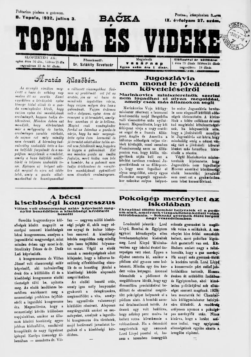 Bačka Topola és Vidéke 1932. július 3. 27. sz.