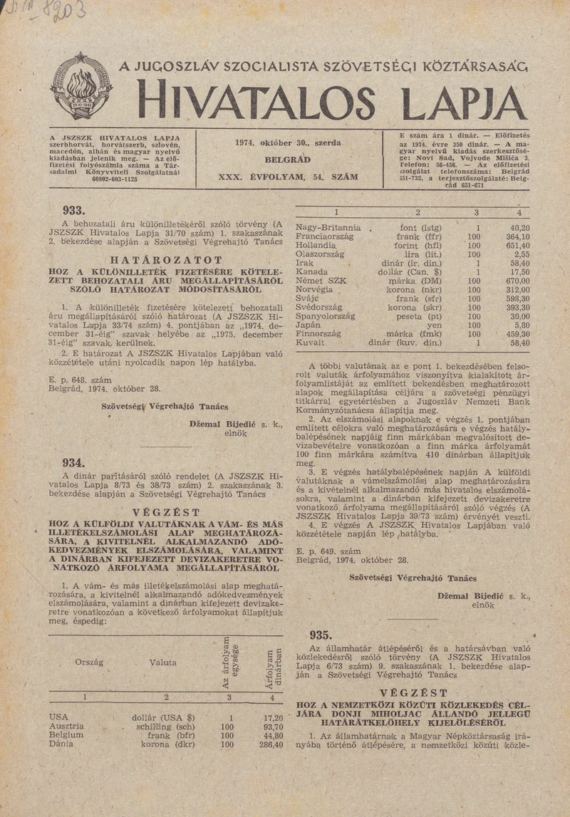 A Jugoszláv Szocialista Szövetségi Köztársaság Hivatalos Lapja, 30. évf. 1974. október 30. 54. sz. 1741–1744. oldal