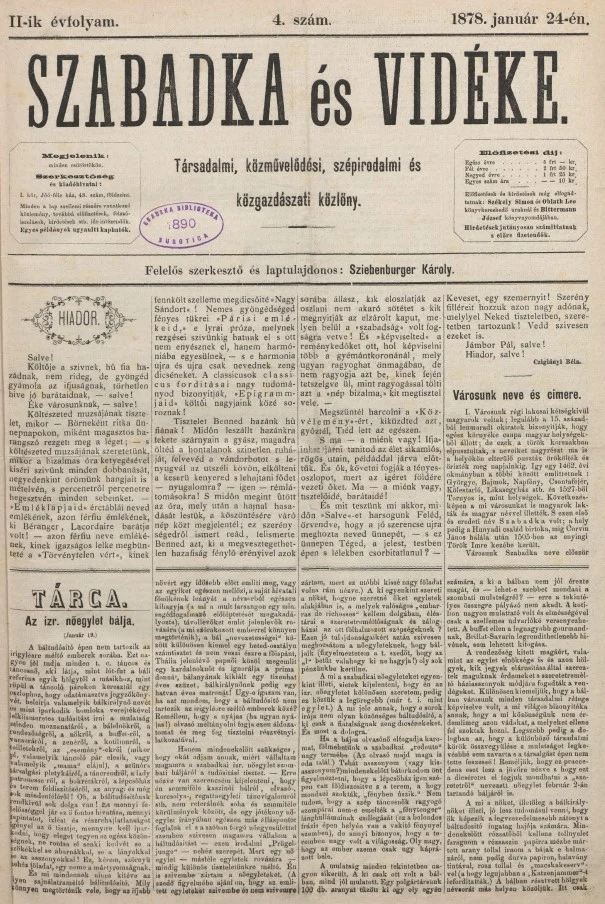 Szabadka és vidéke, 2. évf. 1878. január 24. 4. sz.