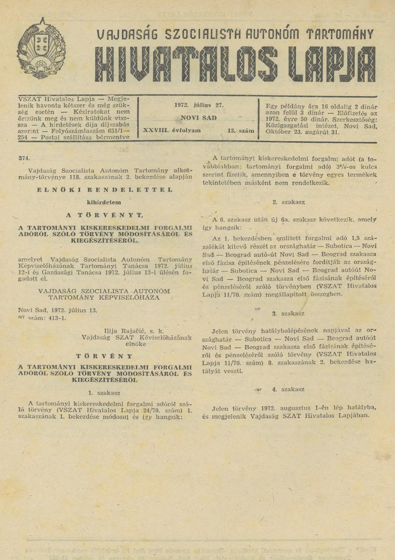 Vajdaság Szocialista Autonóm Tartomány Hivatalos Lapja, 28. évf. 1972. július 27. 13. sz. 541–542. oldal