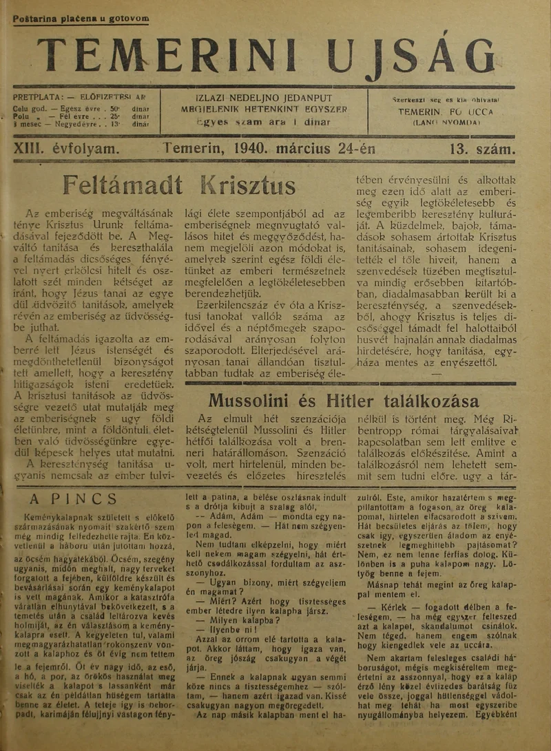Temerini Újság 1928-1944, 13. évf. 1940. március 24. 13. sz.