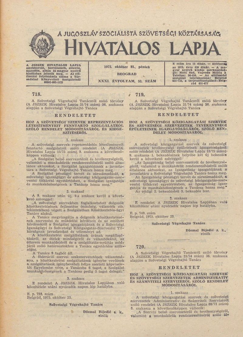 A Jugoszláv Szocialista Szövetségi Köztársaság Hivatalos Lapja, 31. évf. 1975. október 31. 52. sz. 1429–1448. oldal