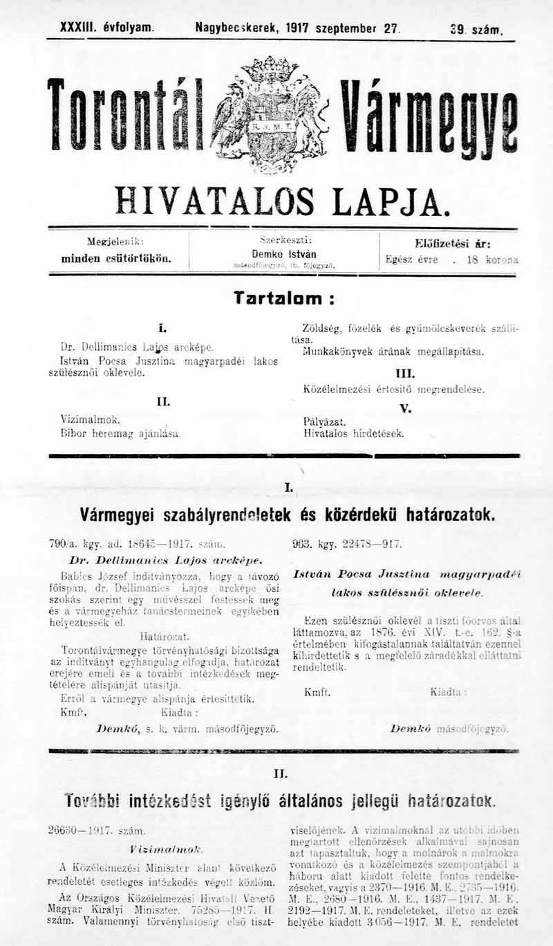 Torontál Vármegye Hivatalos Lapja, 33. évf. 1917. szeptember 27. 39. sz.